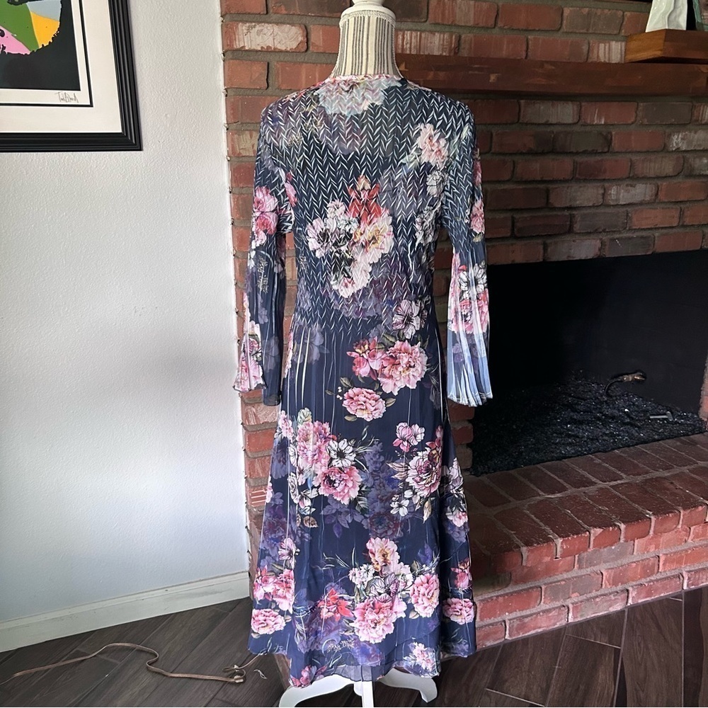 Komarov Lace Sleeve Charmeuse Floral Midi Dress in Coral Glow Sz M - Picture 6 of 8